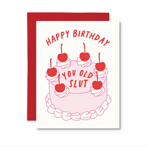 Birthday card with cake illustration and text on a white background