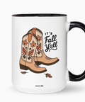 Mug with cowboy boots and 'It's Fall Y'all' text on a white background
