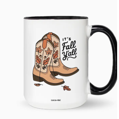 Mug with cowboy boots and 'It's Fall Y'all' text on a white background