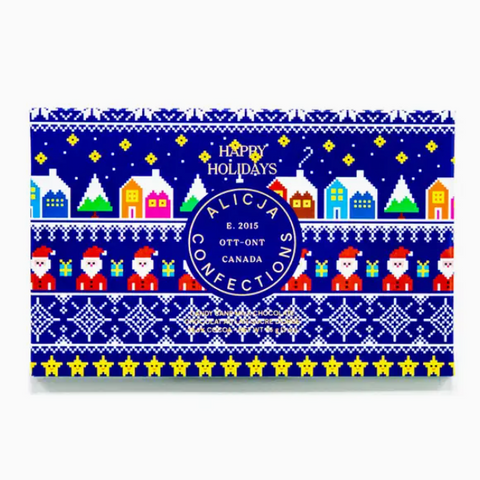 Holiday-themed product packaging with festive design and 'Alicia's Confections' branding.