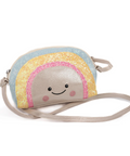 A small crossbody bag with a glittery rainbow design and a smiling face, featuring a light blue glittery top, yellow glittery middle, pink glittery outline, and a beige base. It has a matching beige strap and is photographed on a clean white background.