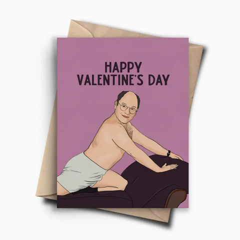 Valentine's Day card with a cartoon character on a purple background