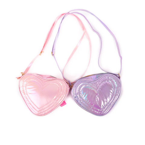 Heart-shaped bags in pink and purple on a white background