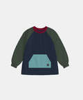 A long-sleeve raglan sweatshirt with a dark navy body, dark green sleeves, a red crew neck collar, and a light blue geometric patch on the front pocket area.
