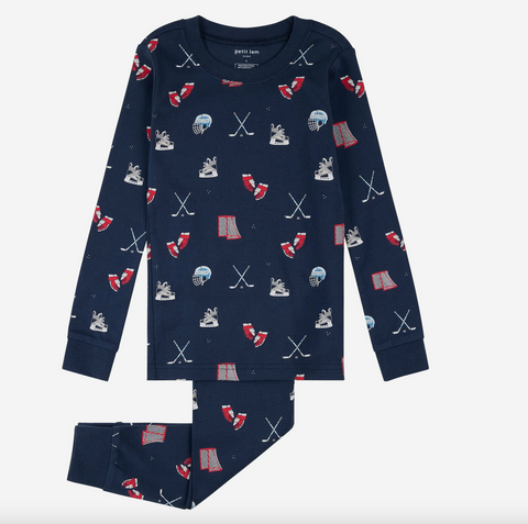 navy blue kids pj set with hockey pattern on it including nets helmet gloves and hockey sticks. ribbed cuff