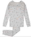 grey childrens pj set with hockey sticks and pucks pattern