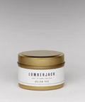 Candle jar labeled 'Lumberjack' on a white background