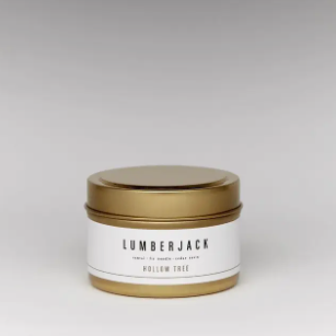 Candle jar labeled 'Lumberjack' on a white background