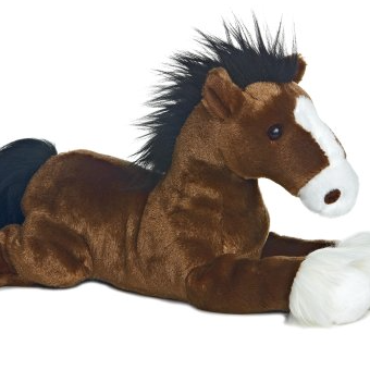 Plush horse toy with brown body, black mane, and white feet on a white background