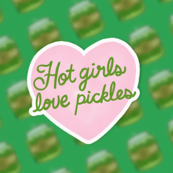 Heart-shaped sticker with 'Hot girls love pickles' text on a green background with pickle pattern