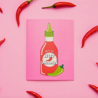 Hot Mama hot sauce bottle illustration on a pink background with red chili peppers.