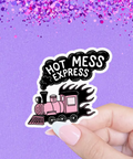 Sticker with 'Hot Mess Express' design on a purple background