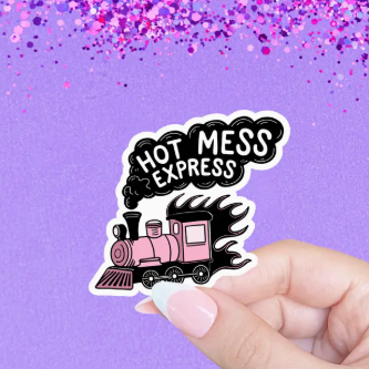 Sticker with 'Hot Mess Express' design on a purple background