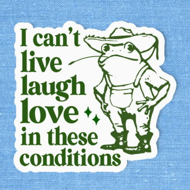 Cartoon frog wearing a cowboy hat with text 'I can't live laugh love in these conditions' on a blue background