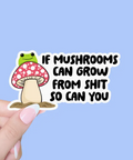 Sticker with a mushroom illustration and text on a blue background