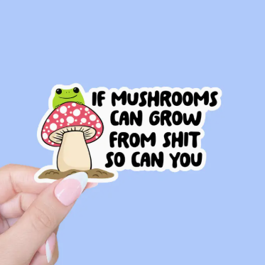 Sticker with a mushroom illustration and text on a blue background