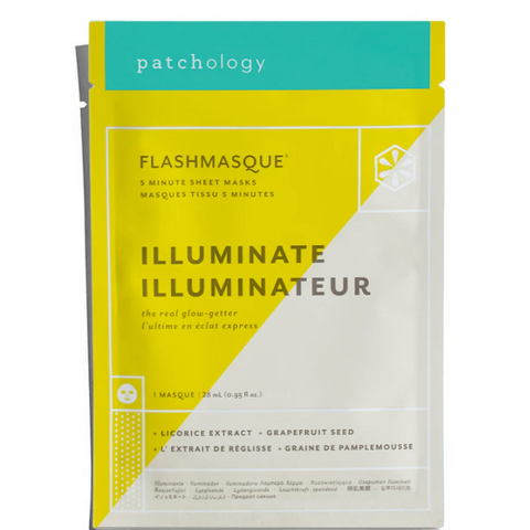 Patchology FlashMasque Illuminate sheet mask packaging on a white background