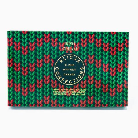 Green and red patterned box of Alicja's Confections Irish Cream liquor.