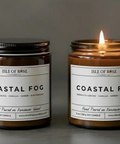 Two candles labeled 'Coastal Fog' by Isle of Rose on a gray background