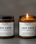 Two candles labeled 'Lost Cove' by Isle of Rose Candles on a gray background