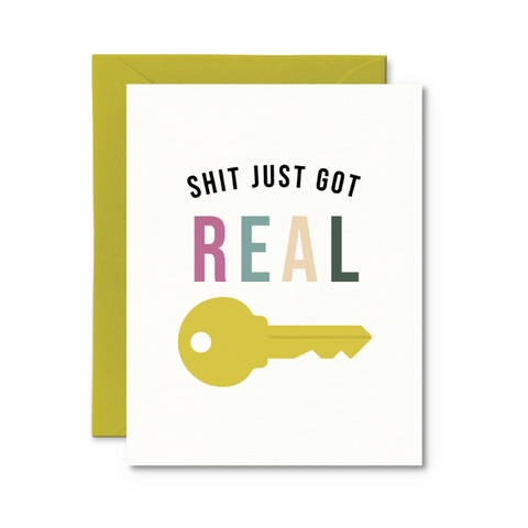 Greeting card with colorful text and key illustration on a white background