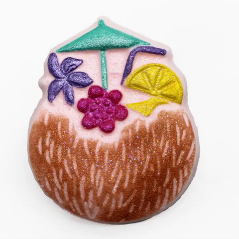 Decorative coconut with colorful elements on a white background