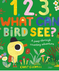 Children's book cover titled '1, 2, 3, What Can Bird See?' with colorful illustrations on a green background.