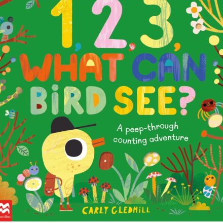 Children's book cover titled '1, 2, 3, What Can Bird See?' with colorful illustrations on a green background.