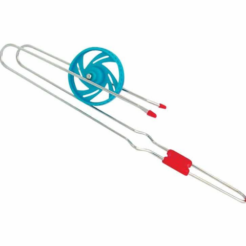 Metal skewer with blue and red ends on a white background