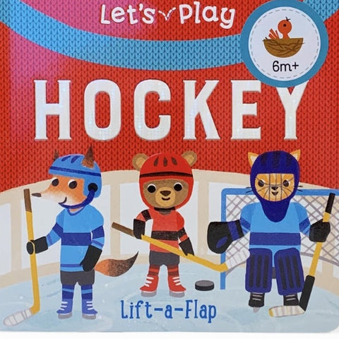 Children's book cover titled 'Let's Play Hockey' with cartoon animals playing hockey.
