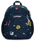 A navy blue kids' backpack with an all-over space-themed print featuring planets, rockets, stars, and a moon. It has a main zippered compartment, a front zippered pocket, and side mesh pockets, shown against a plain white background.
