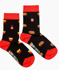 Black socks with red accents and food-themed patterns on a white background