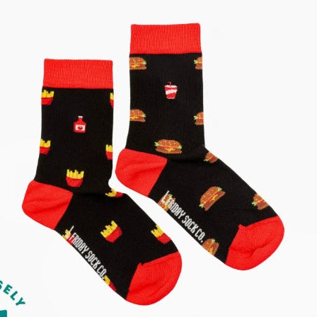 Black socks with red accents and food-themed patterns on a white background