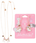 Necklace with cat charms on a pink card labeled 'Great Pretenders' against a white background