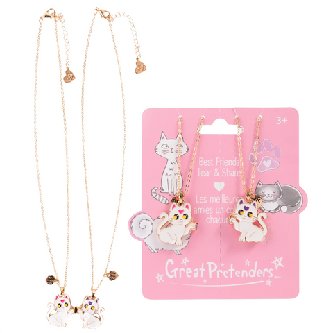 Necklace with cat charms on a pink card labeled 'Great Pretenders' against a white background