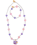 A jewelry set featuring a silver chain necklace and matching bracelet adorned with alternating pink and purple heart-shaped beads, finished with a purple cat-face pendant on the necklace.
