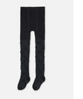 Black over-the-knee socks with a textured geometric diamond pattern on the lower half, displayed flat against a light gray background.