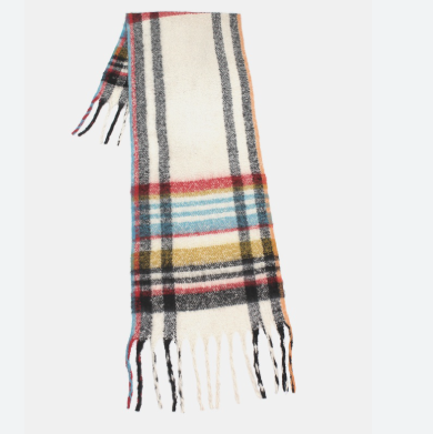 Plaid scarf with fringes on a white background