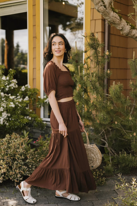 koy resort miami tiered boho maxi skirt espresso