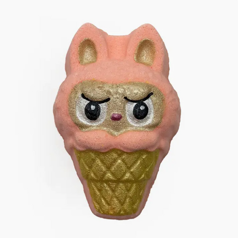 Pink and gold ice cream cone-shaped toy with cat ears on a white background