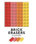 Set of colorful brick erasers with packaging on a white background