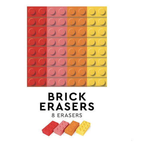 Set of colorful brick erasers with packaging on a white background