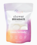Pack of lemon lavender shower steamers with a gradient design on a white background