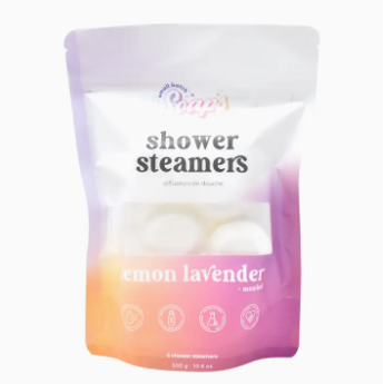 Pack of lemon lavender shower steamers with a gradient design on a white background