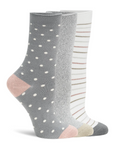 Two pairs of gray socks with white polka dots and pink and beige accents on a white background.