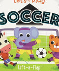 Children's book cover with cartoon animals playing soccer and a large soccer ball in the background.