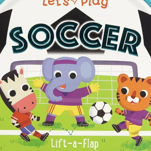 Children's book cover with cartoon animals playing soccer and a large soccer ball in the background.