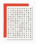 Card with word search puzzle and circled words on a white background