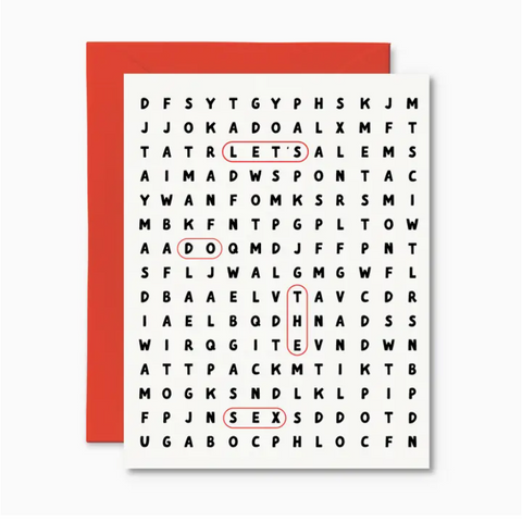 Card with word search puzzle and circled words on a white background