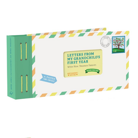 Book titled 'Letters from My Grandchild's First Year' with envelope design on a white background